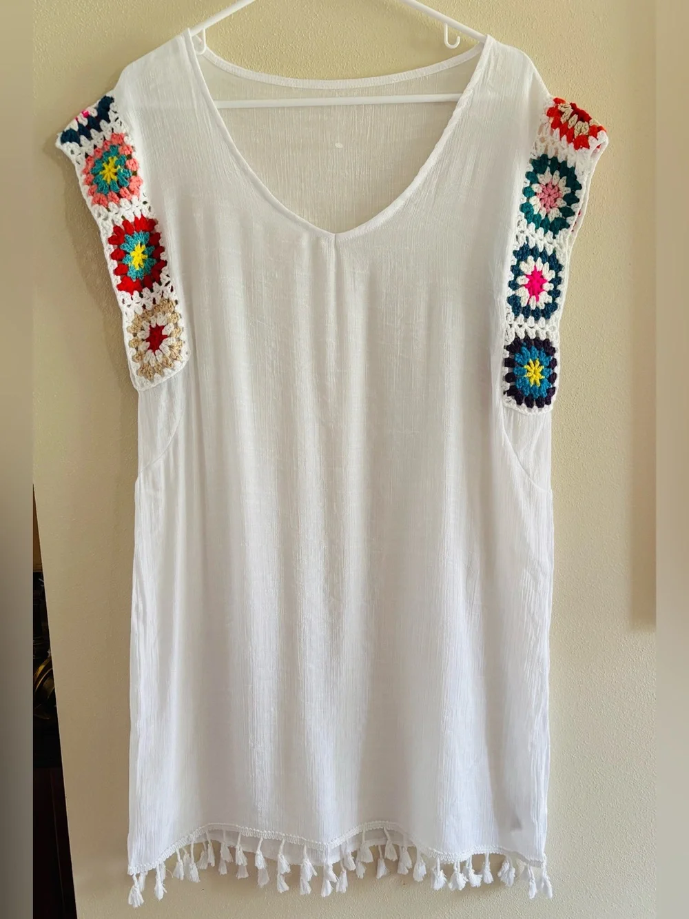 Cupshe Elmira Granny Square Crochet Gauzy Tassels Boho Swimsuit Coverup Dress